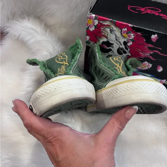 Ed Hardy high-top cracked leather over canvas, sneakers, tattoo shoes, size 10 - Picture 5 of 13